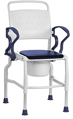 Toilettenstuhl für Senioren FabaCare Köln, mit Eimer, abschwenkbare Armlehnen, Nachtstuhl, Hygienestuhl, Leibstuhl, WC-Stuhl, made in Germany, bis 130 kg, Grau-Blau