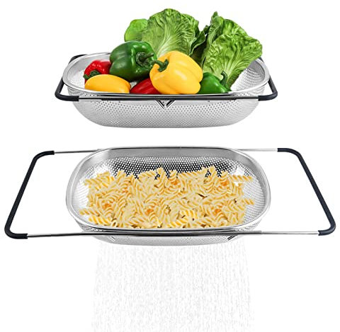Over The Sink Strainer Stainless Steel Colander 5 Quart Basket with Expandable Rubber Grip Handles for Kitchen Sink - Strain, Drain, Rinse Fruits, Vegetables, Pasta, New Home Essentials