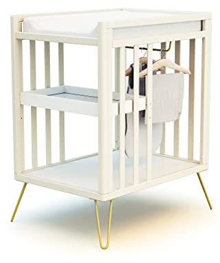 JURABABY – Wickeltisch mit 2 Holzregalen NUR Gelb| 76 x 56 x 94 cm | Mit Tablett, Regal und Garderobe | Kompakt | Stabil mit Stahlbeinen