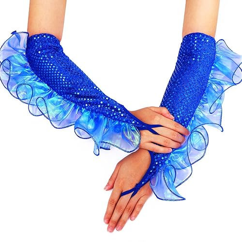 GEMILY Lange fingerlose Paillettenhandschuhe Tüll Sparkle Party Handschuhe Mode Garn Fee Cosplay Party Handschuhe für Frauen und Mädchen, Blau (dunkel), Einheitsgröße