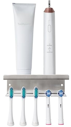 Toothbrush Holder Wall Mounted 18/8 Stainless Steel Toothbrush Holder with 3M Self-Adhesive No Drilling Toothbrush Organizer and Toothpaste Dispenser (Silver)