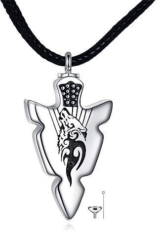 VONALA Arrowhead Urn Necklace 925 Sterling Silver Arrow Wolf Pendant Necklace Viking Cremation Jewellery for Ashes Memorial Keepsakes Gift for Men Women