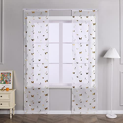 Joyswahl Schiebegardinen Voile Transparente Vergoldeter Schmetterling Schiebevorhang Gardinen mit Klettband Vorhang BxH 57x225cm Gold 2 Stück