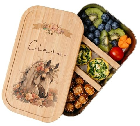 Manufaktur Liebevoll - Personalisierte Brotdose Pferd Pony m. Fächern, Edelstahl Lunchbox I Bambus Deckel u. Trenner, Brotbüchse | Kinder, Mädchen (Motiv Ciara, Edelstahl | Größe M)