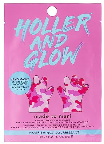 Holler And Glow Made to Mani Printed Hand Masks, Nourishing & Moisturising Pink Camouflage Gloves with Coconut Oil, Shea Butter & Vitamin E for Soft, Smooth & Hydrated Hands, 18 ML
