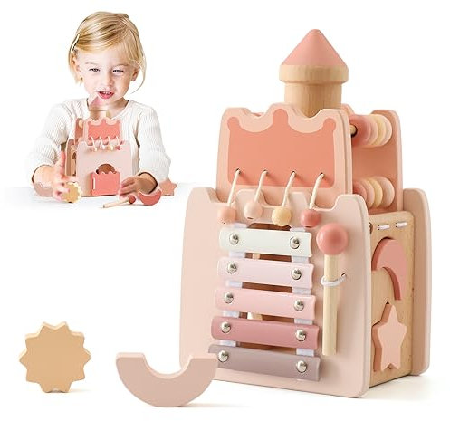 Promise Babe Jouet Montessori Bébé Jouet Bois, Château Rose Jouet éducatif Cube d'activité sensorielle Cube d'activité Boucle motrice Cadeau Bébé Fille Cube d'activité Montessori Activity Cube 3+