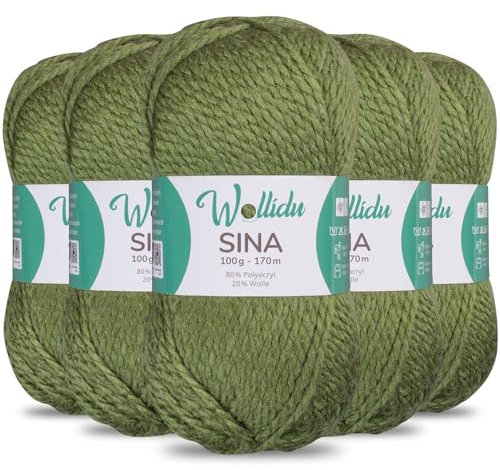 Wollidu Sina Wolle zum Stricken und Häkeln 500g Premium Strickwolle/Häkelwolle Set OEKO-TEX zertifiziert 5 x 100g/170m 80% Polyacryl 20% Schafwolle mulesing-frei - Grün