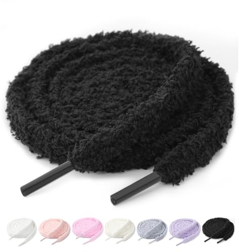 Stepace Lacets Fluffy Plats en Peluche 10 mm pour Baskets et Chaussures | 2 paires, 10 mm de large, texture moumoute douce, look original, faciles à nouer et moins sujets à se défaire, 3 tailles