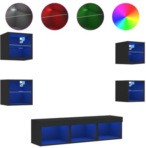 vidaXL Wohnwand 7-TLG., Schrankwand mit viel Stauraum, Anbauwand mit LED-Beleuchtung, Wandmontage Fernsehschrank Wohnzimmer Set, Schwarz Holzwerkstoff