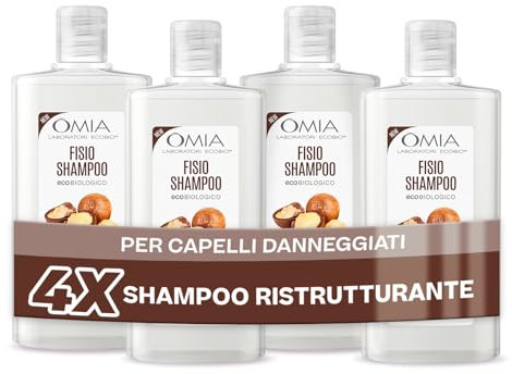 Omia Fisio Eco Bio Shampoo mit Macadamia-Öl für beschädigtes Haar, repariert und regeneriert, Shampoo für häufiges Waschen, ohne Silikone und SLES, 4 Flaschen à 200 ml