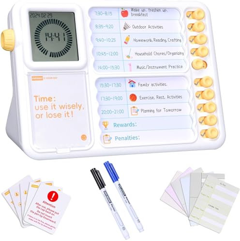 AuyKoo Minuteur Visuel Timer Enfant TDAH Outils avec Planning Semainier to do List Tableau, Pomodoro Time Digital avec Alarme, Horloge, Chronomètre Fonctions (Blanc)