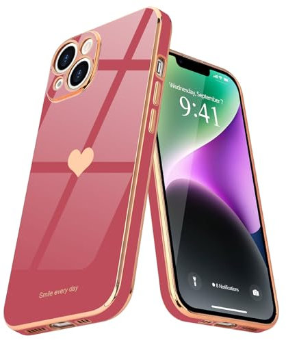 Teageo for iPhone 14 Plus Case Cute Heart Pattern for Women Girls Slim Luxury Bling Plating Soft TPU Anti-Scratch Shockproof Bumper Phone Case for iPhone 14 Plus, Bright Blush