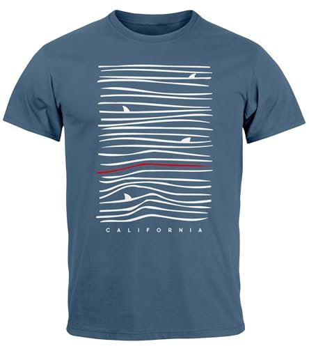 Neverless® Herren T-Shirt Frontprint Minimalismus Wellen Meer Aufdruck Printshirt Sommer Fashion Streetstyle Denim Blue 3XL