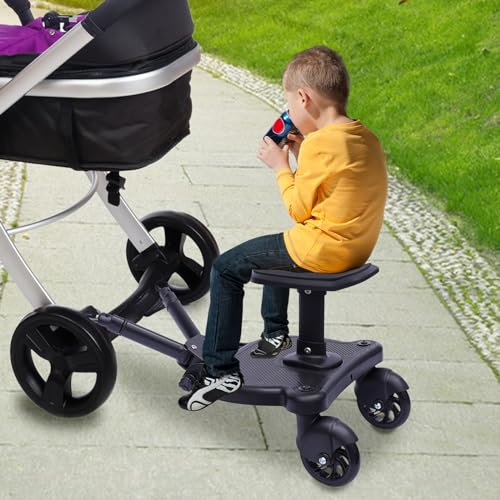 Buggy Board mit Sit, Kiddy Board Trittbrett, Universal Stehbrett mit 360° Zweirad bis 25KG (schwarz)