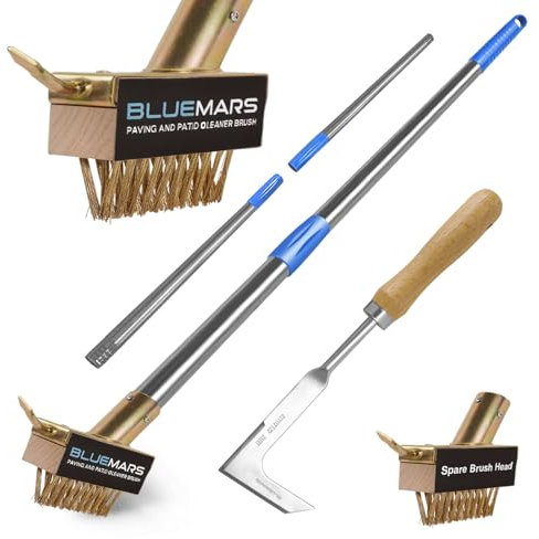 Bluemars Patio Weed Brush with Extra Heads and Hand Garden Weeder Set Gardening Tool, Extended Handle Wire Bristles for Block Paving, Driveway, Remove Weeds and Moss Build-Up