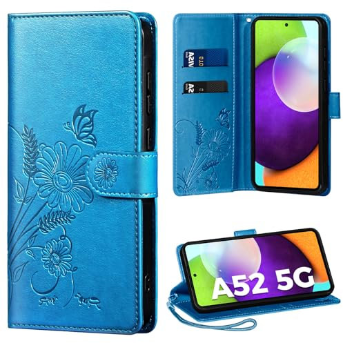 Handyhülle für Samsung Galaxy A52/A52S 4G/5G, Hülle für Galaxy A52/A52S PU Lederhülle Tasche Flip Case Kartensteckplätzen Schutzhülle Klapphülle Kompatibel mit Samsung A52 5G Hülle, Blau