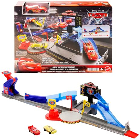 Mattel Disney Pixar Cars Playset & Toy Car, Tongue-Out Lightning McQueen & Crushed Car, Piston Cup Stunting Speedway Track Set Includes