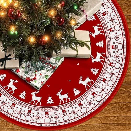 Christmas Tree Skirt 90cm/35inch Tree Skirt Large Santa elk Reindeer Red Xmas Tree Mat Rustic Christmas Tree Base Covers Decorations for Winter New Year Holiday Party Decor Indoor Outdoor