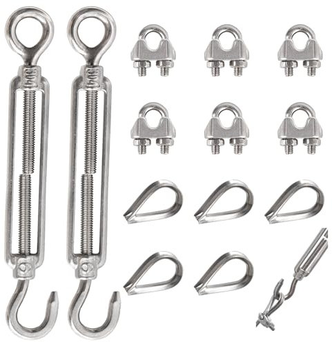 Roosea 13 Piezas I 2 Pcs Tensores tendedero M6 Tensor para Cuerda de Tendedero de Ropa + 6 Pcs Abrazaderas de Cable M3 + 5 Pcs Guardacabos de Cuerda de Cable M3 para Tendedero, Soporte Planta
