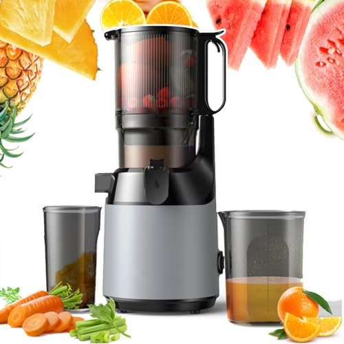 Slow Masticating Juicer Cold Press Juicer W/Extra Large 130mm Wide Feed Chute | 250w Electric Slow Juicer Machine Fit Whole Fruits Vegetables, High Juice Yield, Easy to Clean with Brush,Grey