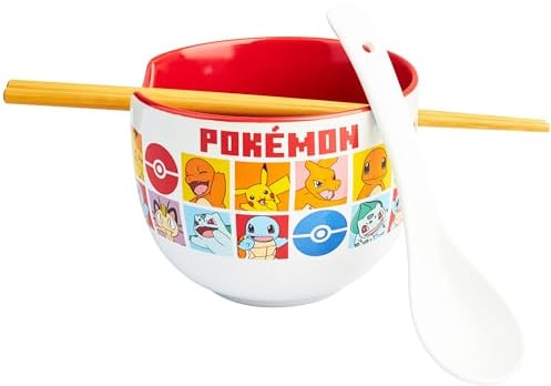 Get Trend Pokemon Bol Ramen 600ml con Palillos y Cuchara, Juego 3 Piezas Cuencos Ceramica Japonés para Sopa Fideos Noodles, Vajilla Hogar y Cocina (Multi Pokemon)