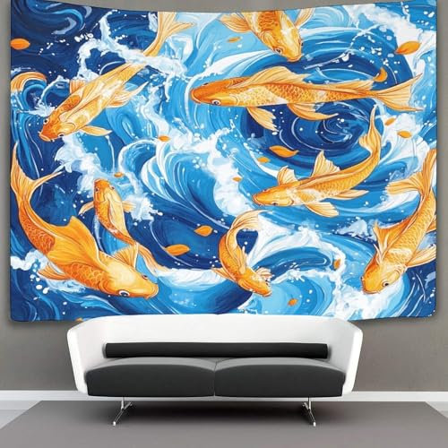 kaiyun Goldener Fisch Wandteppich Wandtuch Wandbehang Tapestry Tapisserie Wanddekoration Blaue Wasserwellen Wandkunst Wandtücher 150cmx200cm