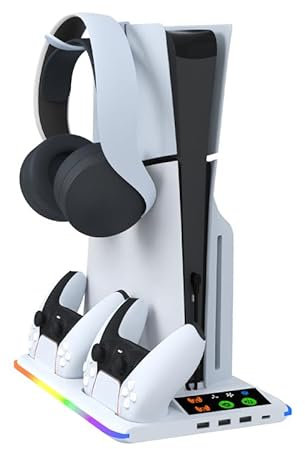 Support PS5 pour PS 5/ Slim - Support Vertical pour PS5, Ventilateur de Refroidissement PS à 3 Niveaux, Chargeur Manette Play 5 avec Lumière RVB, Socle PS Cinq avec 3 Ports USB et Crochet pour Casque