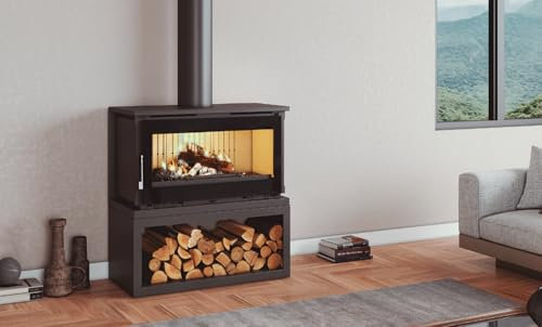 M170LK - Poêle à Bois Design sur Bûcher, 12,5-17 KW, Double Combustion, Verre sérigraphié Bûches 62 cm, Acier 4 mm, Noir