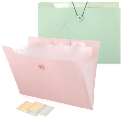 Candcamp 2 Pcs A4 Expanding File Organiser, Large Capacity Document Folder with 8 Compartment for Office, Business Trip, Home (Pink, Green)