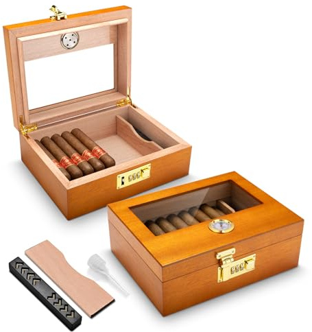 Zigarren Humidor Spanische Zeder Hölzerne Zigarrenbox mit Sicherheitsschloss, Zigarren Desktop Box mit Luftbefeuchter und Hygrometer Halten bis zu 20 Zigarren, Keine Schubladen (Orange)