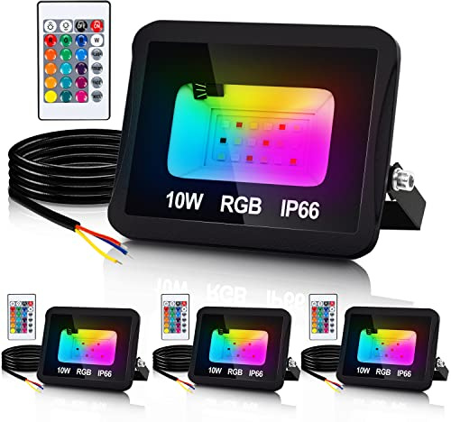Jaxguom Faretto LED RGB da esterno, set da 4, 10 W, con telecomando, proiettore LED RGB dimmerabile per giardino, 16 colori, 4 modalità, IP66 impermeabile, funzione memoria per feste ed esterni