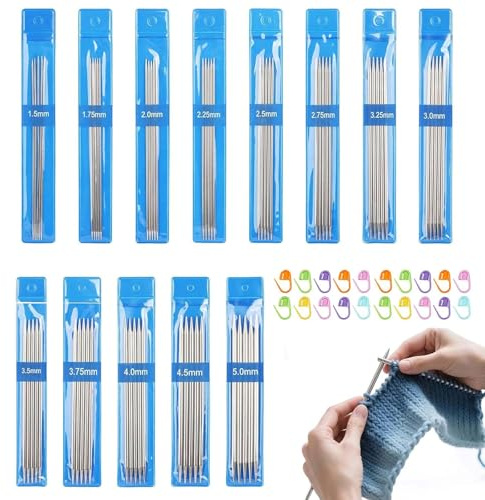 lrgnixs Stricknadeln Set,65 Stück Edelstahl Stricknadeln für Doppelspitzen,1.5 mm-5 mm Gerade Stricknadel Set mit Markierungsschnalle,Nadelspiel Stricknadelns für Socken Schals MüTzen Haustier
