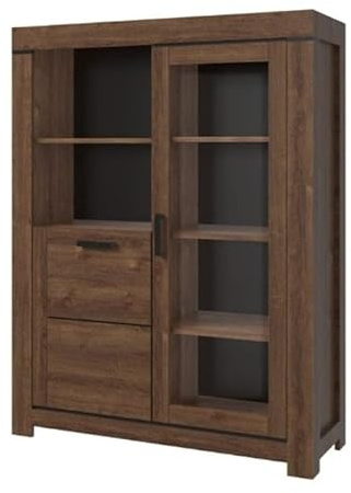 Vitrine Brass verglast 5 Böden 112,5x40x147 cm Wohnzimmer Braun Eiche | Kombination aus Glastür, voller Tür und offenem Fach, wahlweise links oder rechts öffenbar, vielseitig für mehrere Räume