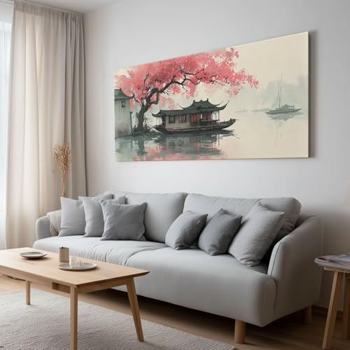 Leinwand Wandkunst Chinesisch Boot Roter Kirschbaum Art Print, Panorama Leinwand Bild XXL Kunstwerk - Home Wohnzimmer Wohnung Wanddekoration Kunstdrucke 140 x 70 cm