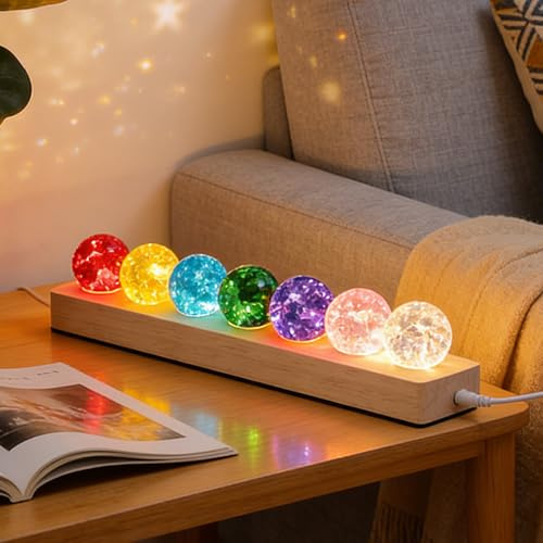Boule de Cristal Chakra 7 Couleurs Avec Base En Bois, Boule Lumineuse 7 Chakra, Sphere Cristal de Roche, Cristaux de Guérison avec Base, Boules de Guérison pour Décoration de Chambre à Coucher, Salon