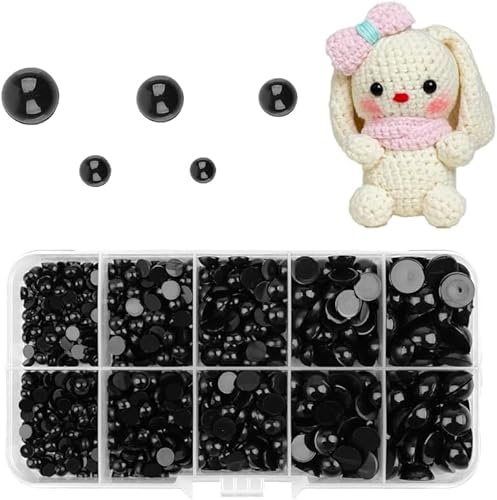 760 Stück Halbperlen, Schwarze Perlen mit Flacher Rückseite, 4/5/6/8/10mm Perlen zum Kleben für Gehäkelte Handarbeit, Puppenauge DIY Machen, Nageldekoration