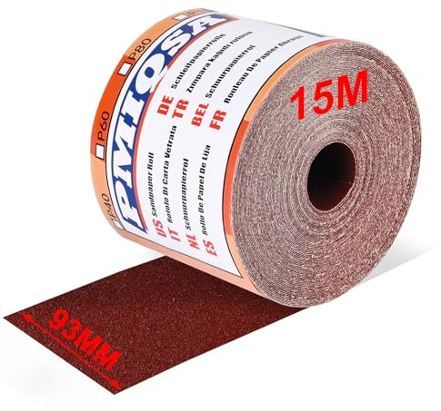 PMIQSA Rouleau de Papier Abrasif 15 m x 93 mm Oxyde D’Aluminium Grain 180 | Papier de Verre en Toile émeri à Base de Tissu pour Le Bois, Le MéTal, La Peinture pour Ponceuses Vibrantes et Manuelles