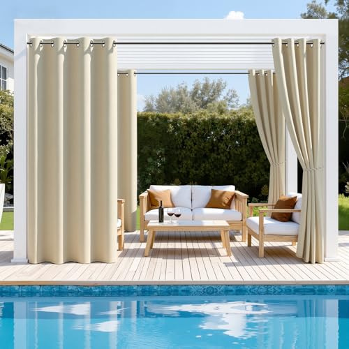 Ansobea Outdoor Vorhang 254x213cm(BxH), Blickdicht Wasserdicht Wetterfest Outdoorvorhänge mit Ösen, Sichtschutz & Sonnenschutz Outdoor Gardinen, für Garten Balkon Terrasse Pavillon (2 Stück,Beige)