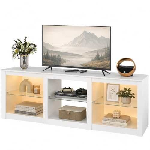WLIVE TV-Schrank Weiss, Lowboard mit 22 Farben LED-Beleuchtung und Offenen Fächern, TV Board für Fernseher bis zu 75 Zoll, HiFi-Schrank, mit verstellbare Glasregal, 166 x 39 x 56 cm, Weiß