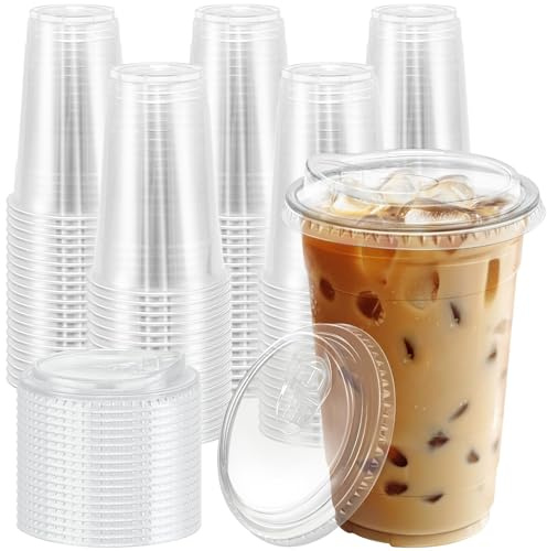 Sinlay 50 StüCk Plastikbecher Mit Deckel, 12/Oz350ml Becher Mit Deckel, Mehrwegbecher 12cm U-FöRmig, Mit Strohhalm-Schlitz, FüR Eiskaffee, Smoothie, Saft, Limonade, Kalte GeträNke, Kaffee Becher