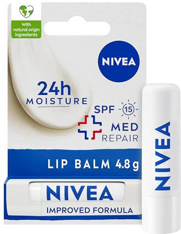 NIVEA Repair & Care Lip Balm SPF 15 (4.8g), Lip Care with Natural Origin Ingredients, Shea Butter, and Vitamins, Relieves Chapped Lips with 24h Moisture