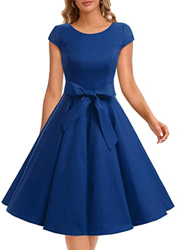 Dressystar Damen Vintage 50er Cap Sleeves Dot Einfarbig Rockabilly Swing Kleider XXL Royal Blau