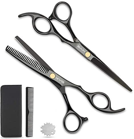 KYG Set 2 Frisör-Scheren 15,24 cm, professionelles Haarschneidewerkzeug, aus Edelstahl, zum Ausdünnen, Effilierschere zum Formen + Frisör-Kamm mit Verpackung – Schwarz