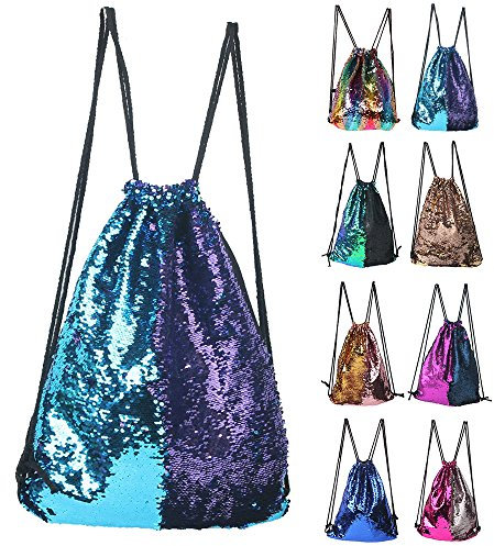Winmany, Rucksack mit Kordelzug, Tragetasche, Schulterbeutel, im modischen Meerjungfrauen-Design mit glitzernden Schuppen, beidseitig verwendbar, sportlich, Blau/Violett
