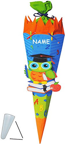 alles-meine.de GmbH BASTELSET Schultüte Eule mit Buch - 85 cm - incl. Namen - mit/ohne Kunststoff Spitze - Zuckertüte zum selber Basteln - 6 eckig/türkis blau - Mädchen &..
