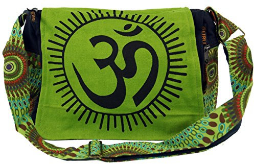 GURU SHOP Schultertasche, Hippie Tasche, Goa Tasche Om - Grün, Unisex - Erwachsene, Baumwolle, 22x35x20 cm