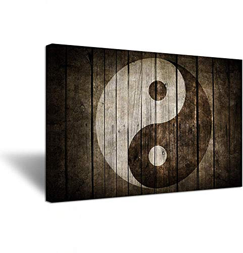 Hello Artwork Vintage Wandbild auf Leinwand mit Yin-Yang-Symbol auf Holzrückwand, spiritueller Frieden, Tao, Gossip, chinesische Religion, Giclée-Druck für Wohnzimmer Art Deco 24x36 Stretched Canvas