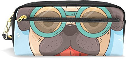 Eslifey Mops mit Brille tragbare Tasche aus PU-Leder für die Schule, Stifteetui, Stifteetui, wasserfest, Kosmetiktasche