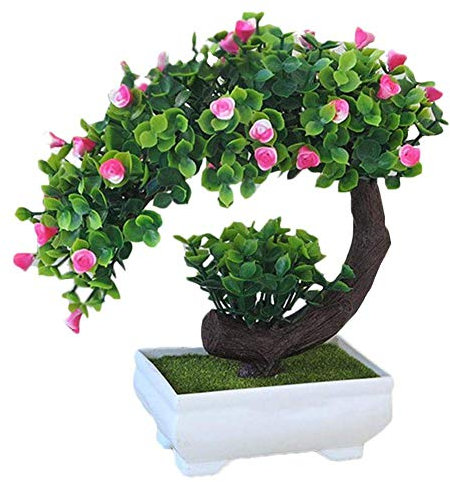 SuperglockT Kunstpflanze Rosenbaum klein Kunstbaum mit Rosenblüten im Topf Künstliche Pflanzen Kunstbonsai Kunststoff Zimmerpflanzen Hochzeit Deko 20cm Hohe (Rosa)