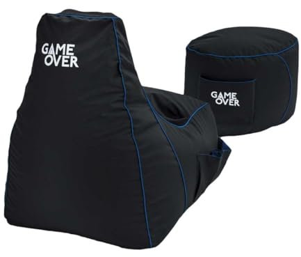 Game Over Videospiel-Sitzsack mit Fußhocker, für drinnen und draußen, wasserabweisend, Seitentaschen und Headset-Halter, ergonomisches Design für Gamer (Soul-Reaper)